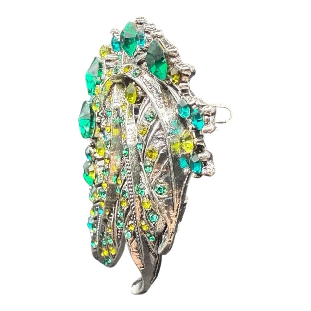 Elegant Silver and Green Leaf Rhinestone Brooch - Picture 4 of 8